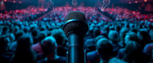 A microphone on a stage with an audience in the background ideal for speeches and presentations